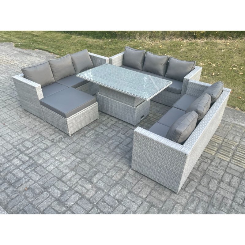 Fimous Light Grey U Shape Lounge Rattan Garden Furniture Set Adjustable Rising Lifting Table Dining Set Footstool