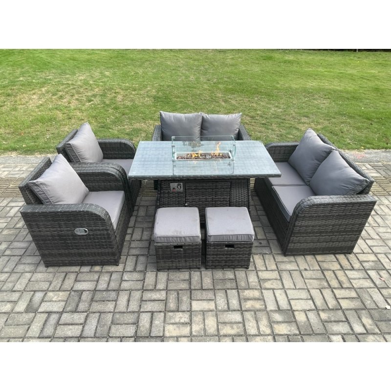 Fimous Rattan Outdoor Garden Furniture Sofa Set Gas Fire Pit Dining Table Gas Heater with Love Sofa 2 Small Footstool 8 Seater Dark Grey Mixed