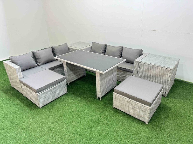 Fimous Rattan Garden Furniture Dining Set 8-seater Patio Rectangular Table Sofa Set with 2 Side Tables 2 Big Stools Light Grey