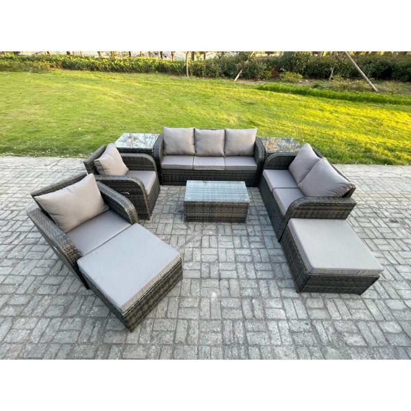 Fimous Patio Garden Furniture Sets Wicker 9 Seater Outdoor Rattan Furniture Sofa Sets with Rectangular Coffee Table Reclining Chair Loveseat Sofa 2 Side Tables 3 Footstools