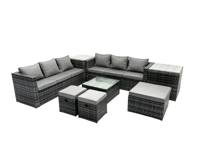 Fimous Outdoor Rattan Garden Furniture Set 9 Seater Patio Lounge Sofa Set with Square Coffee Table 2 Side Table 3 Footstools Dark Grey Mixed
