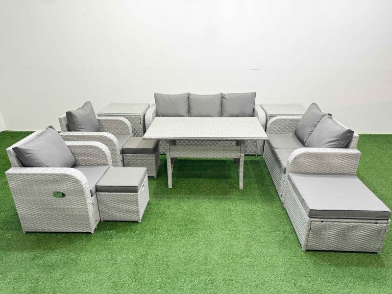 Fimous PE Rattan Garden Furniture Set Reclining Chair Sofa Double Love Seat 2 Seater Sofa Lounge Set Rectangular Dining Table 3 Stools 2 Side Table Light Grey