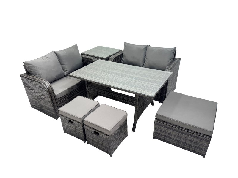 Fimous Wicker PE Rattan Garden Outdoor Furniture Set Love Sofa Dining Table Sets with 3 Stools Side Table Dark Grey Mixed