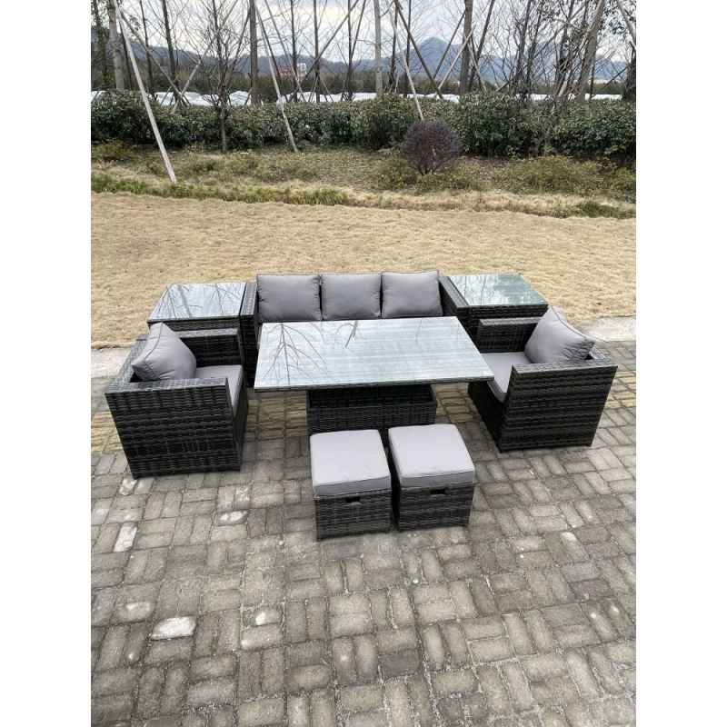 Fimous Rattan Garden Furniture Adjustable Rising Lifting Dining Table Sofa Set Chairs 2 Side Coffee Tables with 2 Stools