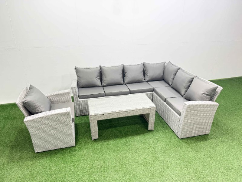 Fimous Rattan Garden Furniture Set 4 Pieces Outdoor Garden Sofa Oblong Coffee Table Set with Chair Light Grey Mixed