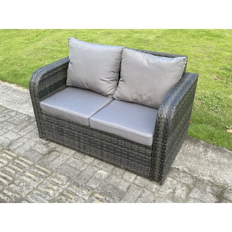 Fimous Dark Grey PE Wicker Rattan Garden Furniture Set Love Sofa Reclining Chair Outdoor Rectangular Coffee Table 4 Seater