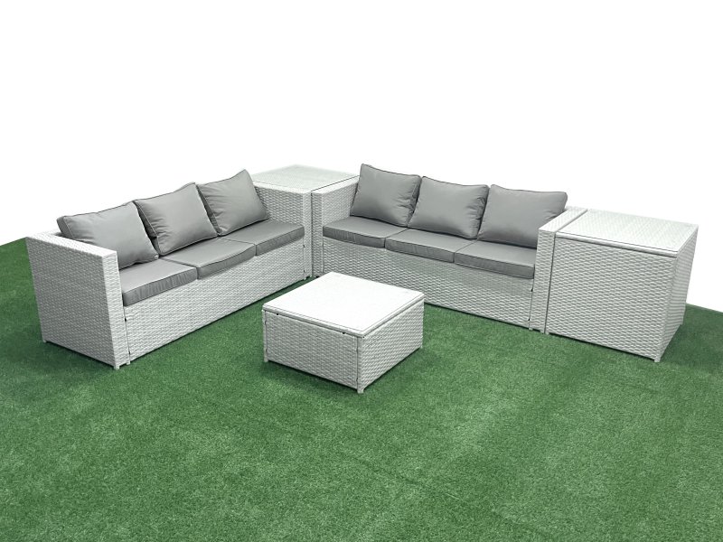 Fimous Rattan Garden Outdoor Furniture Set 6 Seater Rattan Garden Sofa Set with 2 Side Tables Light Grey Mixed