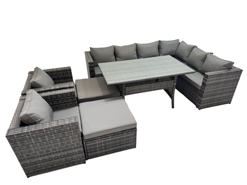 Fimous Rattan Garden Furniture Set Outdoor 10 Seater Patio Dining Corner Sofa Sets with Dining Table 2 Chairs 2 Big Stools Dark Grey Mixed
