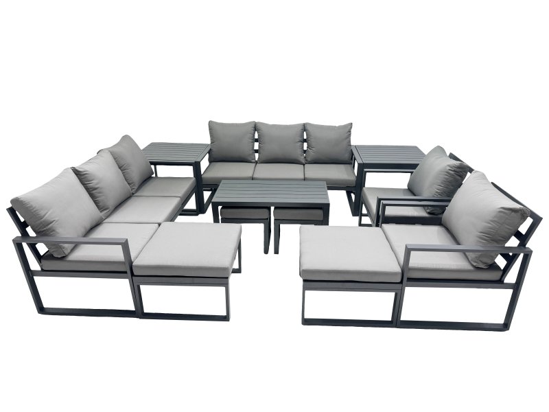 Fimous Outdoor Garden Furniture Set Aluminium Lounge 3 Seat Sofa Oblong Coffee Table Sets with 2 Chairs 4 Stools 2 Side Tables Dark Grey
