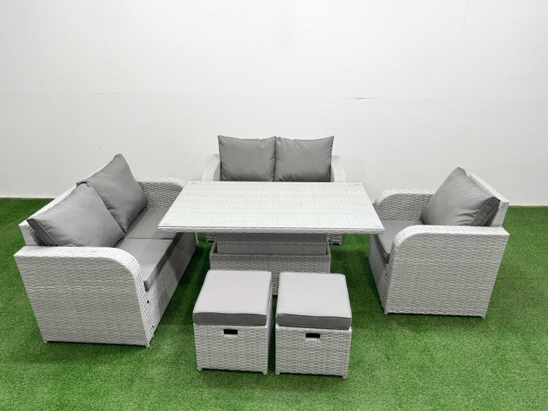 Fimous High Back Poly Rattan Garden Furniture Set with Reclining Chair Loveseat Sofa Adjustable Lifting Dining or Coffee Table Indoor Outdoor Patio Set 2 Stool Light Grey