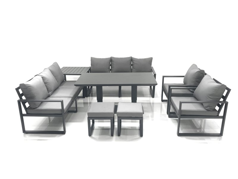 Fimous Garden Sofa Set Aluminium Furniture Rising Dining Tabe Set with 2 Chair 2 Small Footstools Side Table Dark Grey
