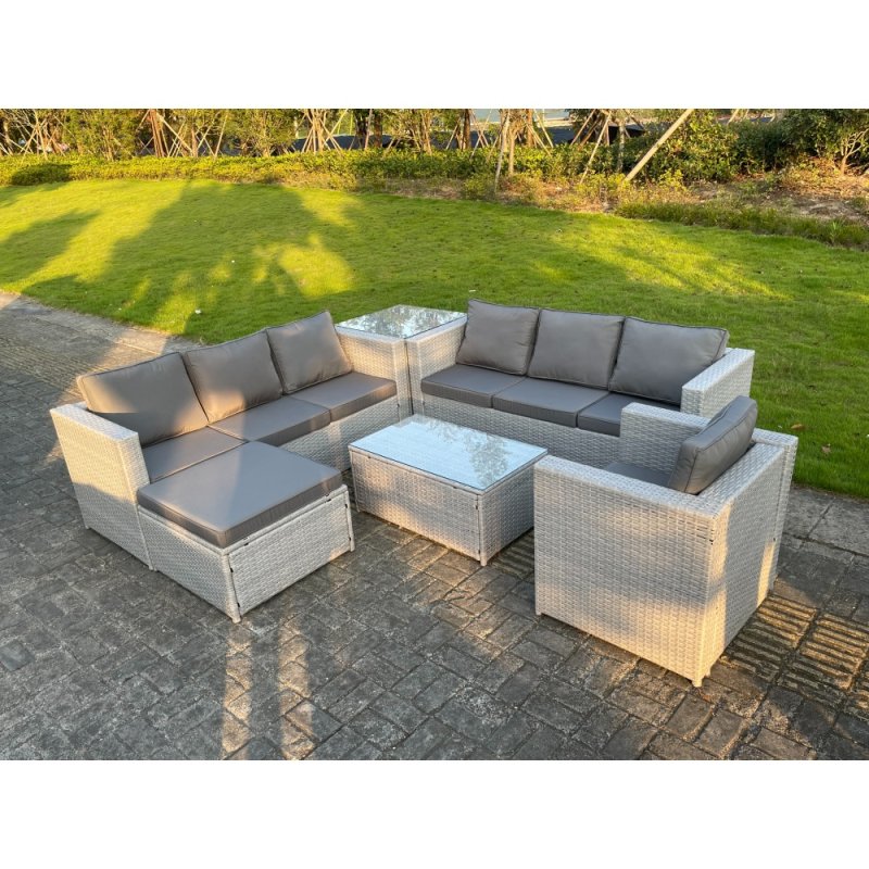 Fimous Light Grey PE Rattan Garden Furniture Set Corner Lounge Sofa Set Oblong Square Coffee Table Big Footstool Armchair