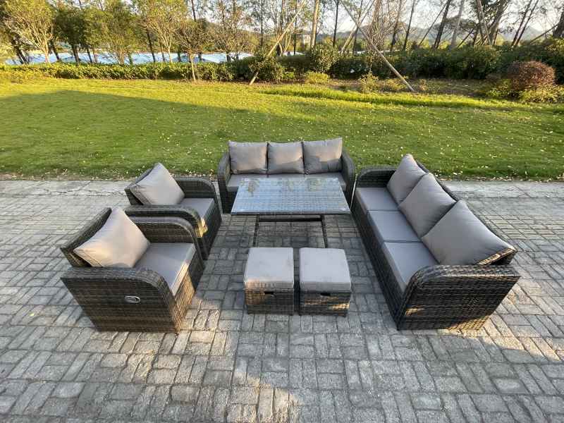 Fimous 10 Seater Rattan Outdoor Garden Furniture Sofa Set Patio Table & Chairs Set with 3 Seater Sofa Rectangular Dining Table 2 Small Footstool Dark Grey Mixed