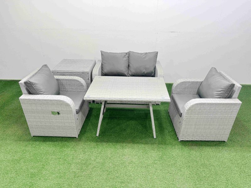 Fimous Light Grey PE Wicker Rattan Garden Furniture Set Sofa Set Reclining Chair Love Sofa Rectangular Dining Table Side Table
