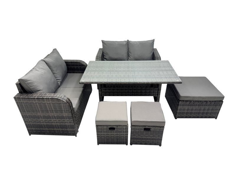 Fimous Wicker PE Rattan Garden Outdoor Furniture Set Love Sofa Dining Table Sets with 3 Stools Dark Grey Mixed