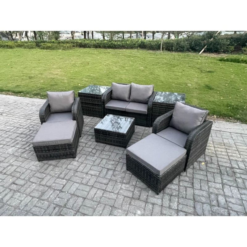 Fimous Rattan Garden Furniture Set Patio Conservatory Indoor Outdoor 6 Seater Set with Love Sofa Square Coffee Table 2 Big Footstool 2 Side Tables
