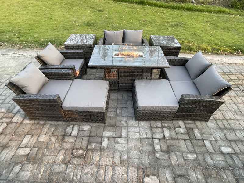 Fimous Outdoor Garden Furniture Sets 9 Pieces Wicker Rattan Furniture Gas Firepit Dining Table Sofa Set with 2 Big Footstool 2 Side Tables Dark Grey Mixed