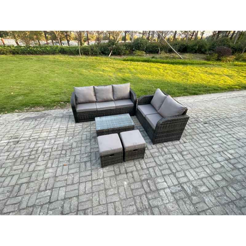 Fimous 7 Seater Rattan Wicker Garden Furniture Patio Conservatory Sofa Set with Rectangular Coffee Table 3 Seater Sofa Love Sofa 2 Small Footstools
