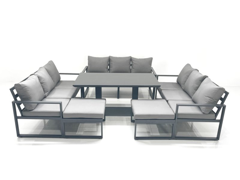 Fimous 11 Seater Garden Sofa Set Aluminium Furniture Rising Dining Tabe Set wth 2 Big Footstools Dark Grey