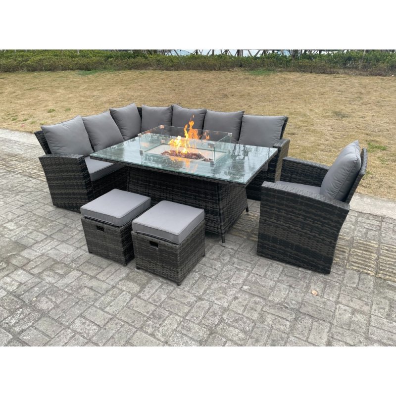 Fimous High Back Rattan Garden Furniture Sets Gas Fire Pit Dining Table Gas Heater Set Left Corner Sofa Small Footstools Chair 9 Seater