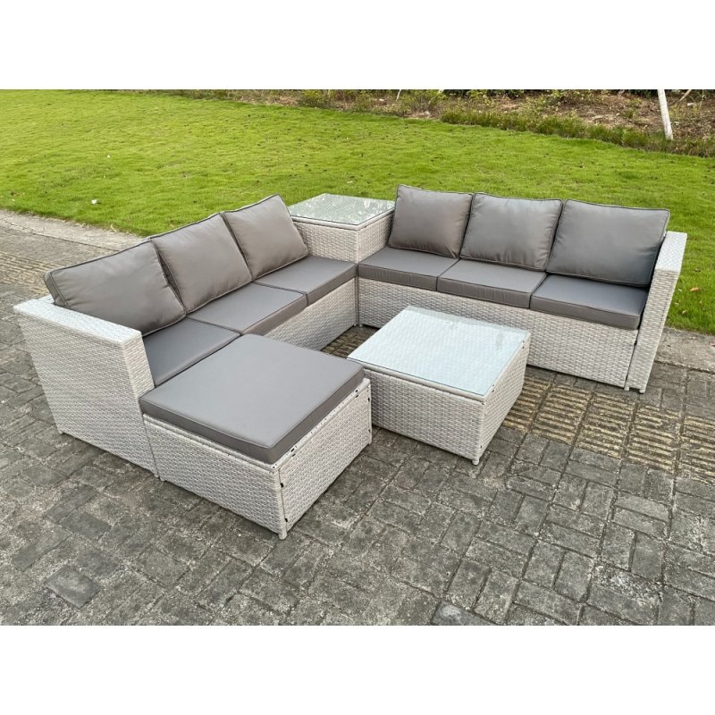 Fimous 7 Seater PE Wicker Light Grey Rattan Garden Corner Furniture Sofa Sets Outdoor Patio Furniture Big Footstool Coffee Table