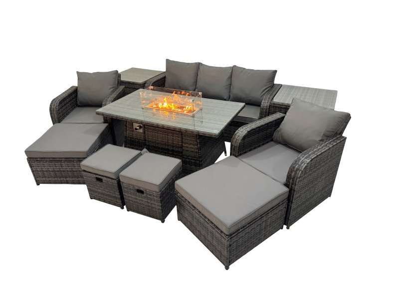 Fimous Garden Outdoor Rattan Furniture Set Rattan Reclining Chair 3 Seater Sofa with 4 Stools 2 Side Tables Dark Grey Mixed