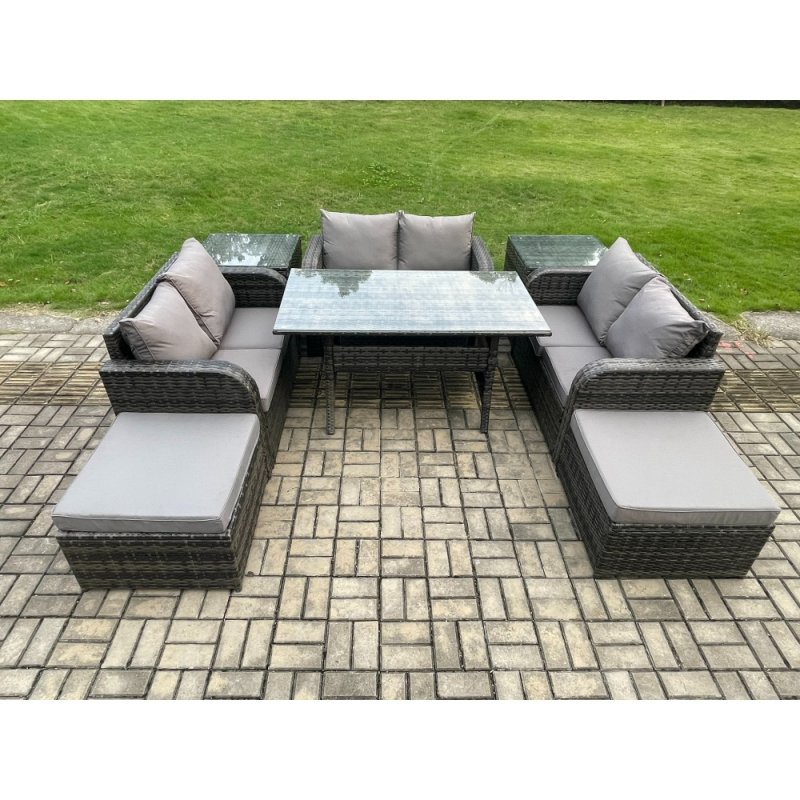 Fimous Outdoor Rattan Garden Furniture Lounge Sofa Set With Oblong Rectangular Dining Table 2 Big Footstool 2 Side Tables