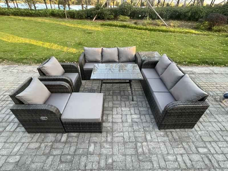 Fimous 9 Seater Rattan Outdoor Garden Furniture Sofa Set Patio Table & Chairs Set with 3 Seater Sofa Rectangular Dining Table Big Footstool Side Table Dark Grey Mixed