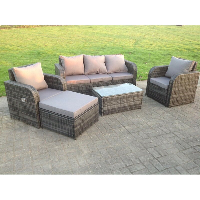 Fimous Dark Grey Mix PE Wicker Rattan Garden Furniture Set Sofa Set Reclining Adjustable Chair 6 Seater Oblong Coffee Table