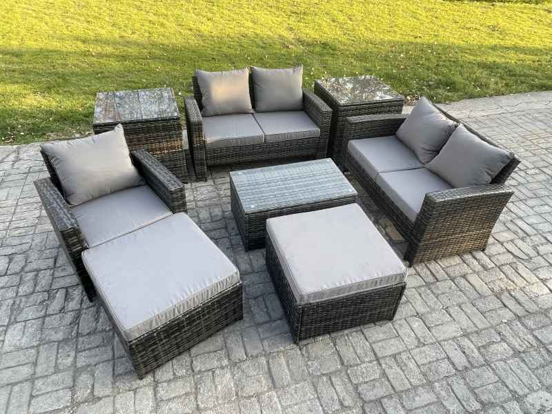 Fimous Rattan Garden Furniture Set 7 Seater Patio Outdoor Lounge Sofa Chair Set with Rectangular Coffee Table 2 Big Footstool 2 Side Tables Dark Grey Mixed