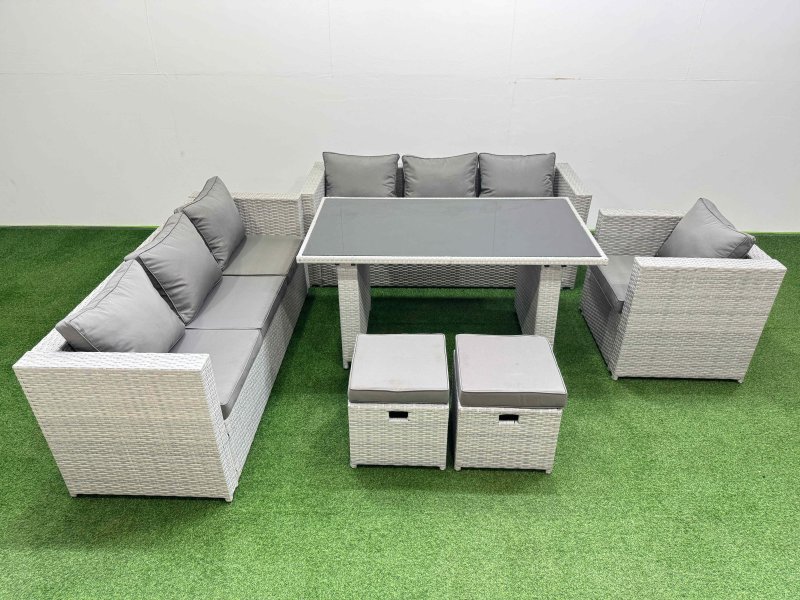 Fimous Patio Garden Furniture Sets with Black Glass Top Dining Table 3 Seater Sofa Armchair 2 Small Stool Light Grey