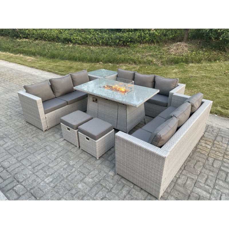 Fimous Light Grey U Shape Lounge Sofa Dining Set With Gas Heater Firepit Burner Dining Table Side Coffee Tea Table Big Stools