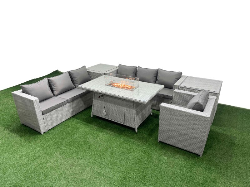 Fimous 7 Seat PE Rattan Lounge Sofa Set Outdoor Garden Furniture Set with Firepit Dining Table 3 Seater Sofa 2 Side Tables Light Grey