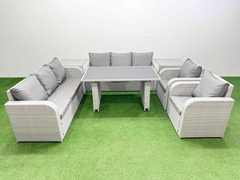 Fimous 8 Seater Wicker PE Rattan Furniture Outdoor Dining Table 3 Seater Sofa Reclining Chair Set with 2 Side Tables Light Grey