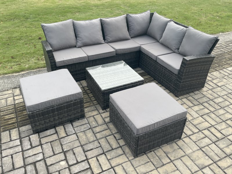 Fimous 8 Seater Wicker PE Outdoor Garden Furniture Set High Back Rattan Corner Sofa Set with 2 Big Footstool Square Coffee Table