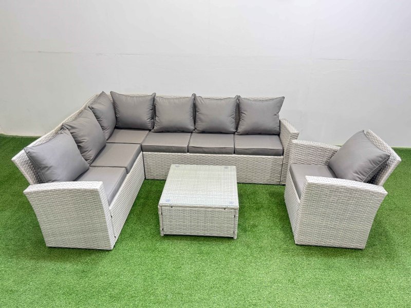 Fimous Outdoor Rattan Garden Furniture Set 7 Seater Corner Sofa Sets with Square Coffee Table Chair Light Grey Mixed