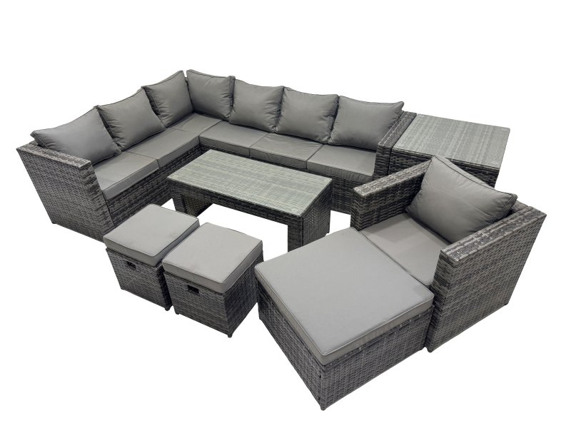 Fimous 8 Pieces Outdoor PE Rattan Garden Furniture Corner Sofa Oblong Coffee Table Set with Cushions 3 Footstools Side Table Dark Grey Mixed
