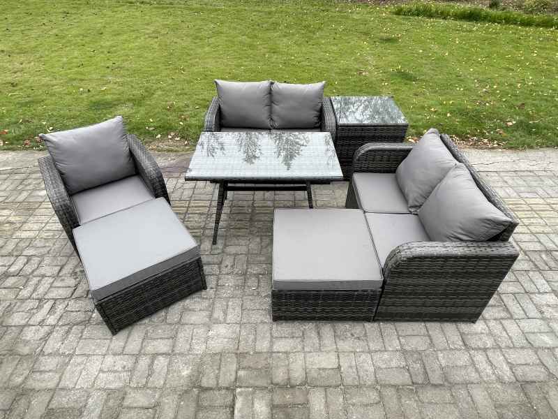 Fimous 7 Seater Outdoor Garden Dining Sets Rattan Furniture With Dining Table Armchairs Love Sofa 2 Big Footstool Side Table Dark Grey Mixed