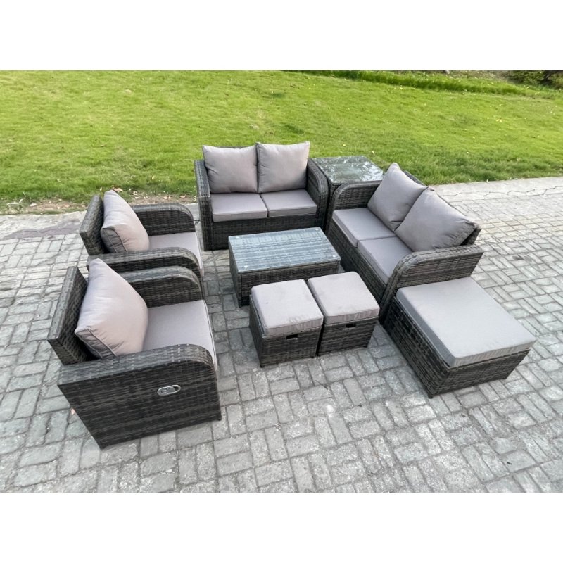 Fimous 9 Seater Rattan Garden Furniture Set Patio Outdoor Lounge Sofa Set with Rectangular Coffee Table 3 Footstools Love Sofa Side Table Dark Grey Mixed