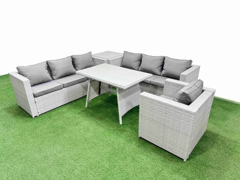 Fimous Outdoor Rattan Garden Furniture Dining Set 7-seater Patio Rectangular Table 3 Seater Sofa Armchair Set with Side Table