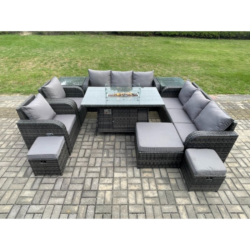 Fimous Wicker Rattan Garden Furniture Set Gas Fire Pit Dining Table Indoor Outdoor with 2 Side Tables Chair Loveseat Sofa 3 Footstools