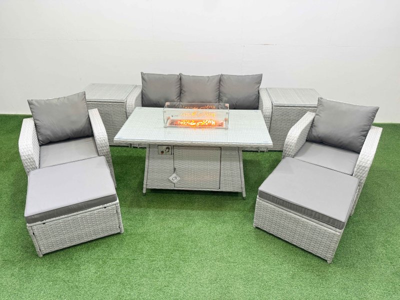 Fimous PE Rattan Garden Furniture Set Reclining Chair Sofa Lounge Sofa Set Firepit Dining Table 2 Side Table 2 Big Footstool Light Grey