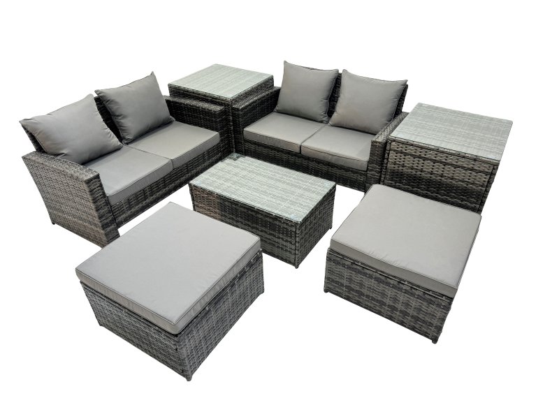 Fimous 6 Seater Wicker PE Rattan Furniture Outdoor Coffee Table Double Seat Sofa 2 Big Stool 2 Side Tables Set Dark Grey Mixed