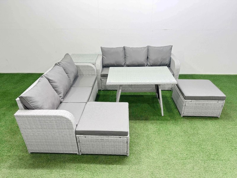 Fimous Patio Dining Table & Chairs Set Rattan High Back Lounge Sofa Set with 3 Seater Sofa Side Table 2 Big Stool Light Grey