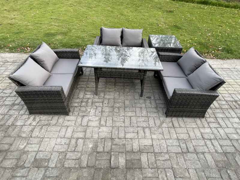 Fimous 6 Seater Rattan Wicker Garden Furniture Patio Conservatory Sofa Set Indoor Outdoor with Dining Table Double Seat Sofa Side Table