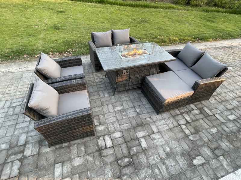 Fimous Wicker PE Rattan Garden Furniture Sets 7 Seater Patio Outdoor Gas Firepit Dining Table Heater Set with Double Seat Sofa Big Footstool Dark Grey Mixed