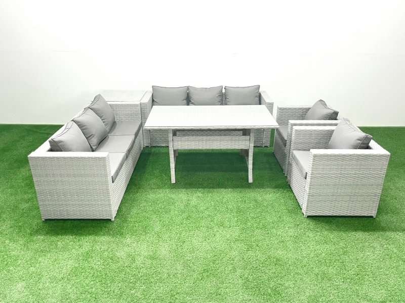 Fimous Rattan Garden Furniture Set Outdoor 8 Seater Patio Dinin g Sofa Sets with Dining Table 2 Chairs Side Table Light Grey Mixed