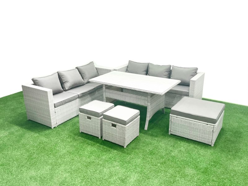 Fimous Rattan Garden Furniture Set 9 Seater Outdoor Sofa Set with Dining Table 3 Footstools Light Grey Mixed