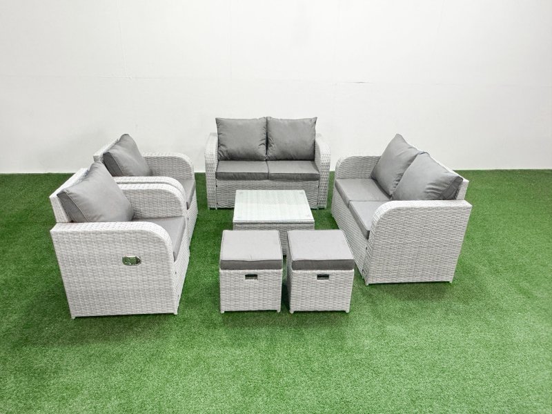 Fimous 8 Seater Outdoor Reclining Chair Love Sofa Set Rattan Garden Furniture Set with Square Coffee Table 2 Stools Light Grey