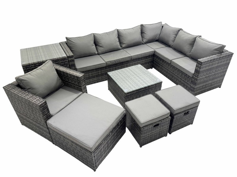 Fimous Outdoor PE Rattan Garden Furniture Sofa Set with Square Coffee Table Chair 3 Stools Side Table Dark Grey